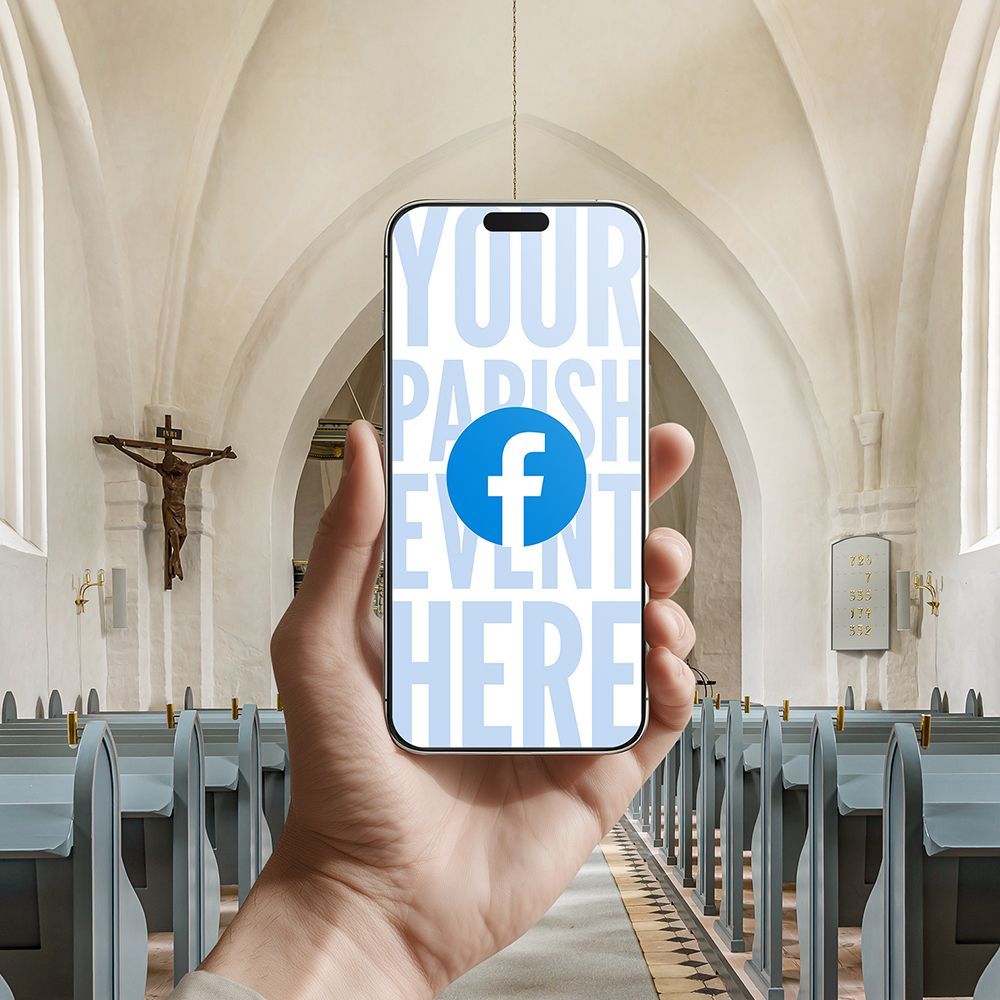 Hand holding phone with a Facebook logo in a church, text saying 