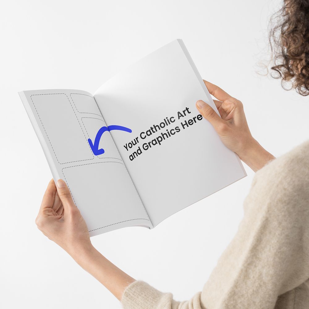 Person holding open book, revealing a blank page with text: