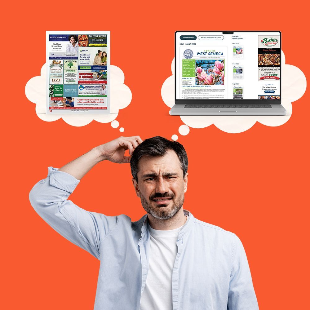 A person looks puzzled, with thought bubbles above their head showing a printed newspaper and a digital news website.