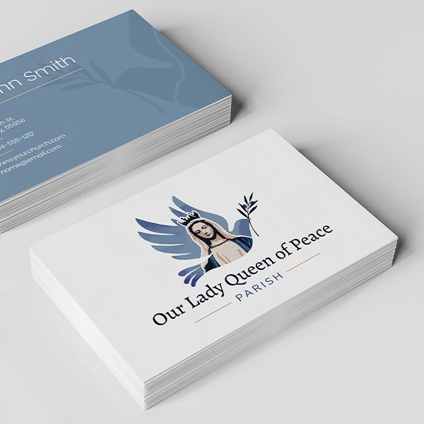 Two stacks of business cards for Our Lady Queen of Peace in baby blue.