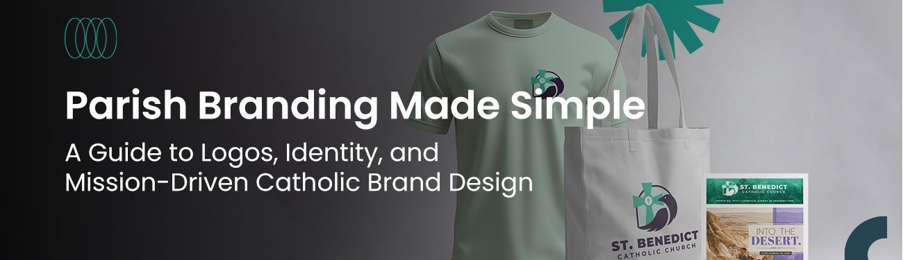 Merchandise branded with a parish logo. Title is: Parish Branding Made Simple