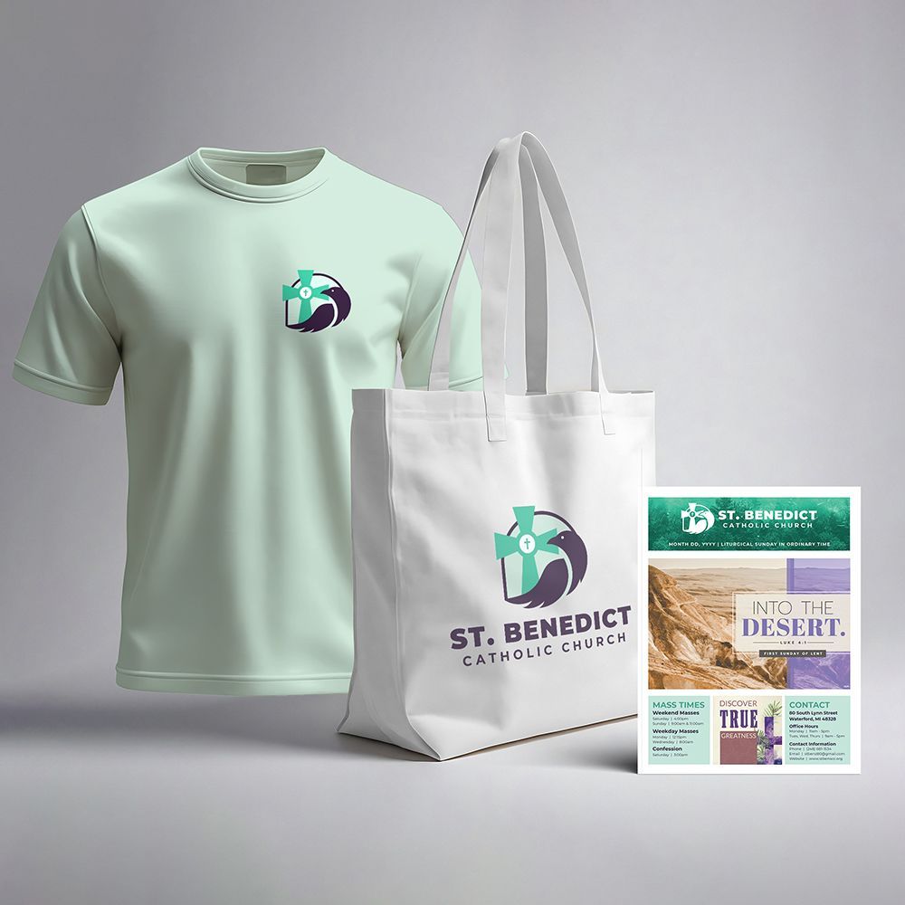 merchandise branded with a parish logo.