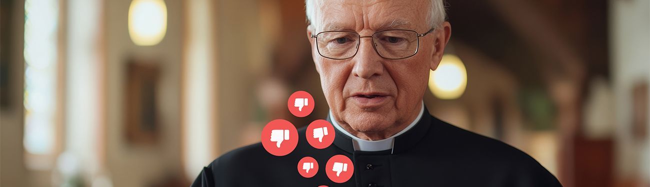 A priest holding a cell phon reading a negative comment