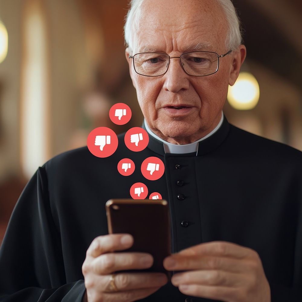 A priest holding a cell phon reading a negative comment.