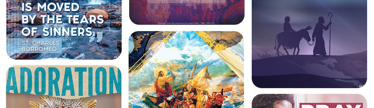 Collage of Catholic art and graphics