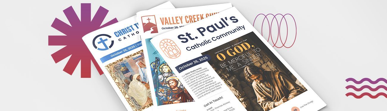 Several church bulletins on a white background with a colorful design.