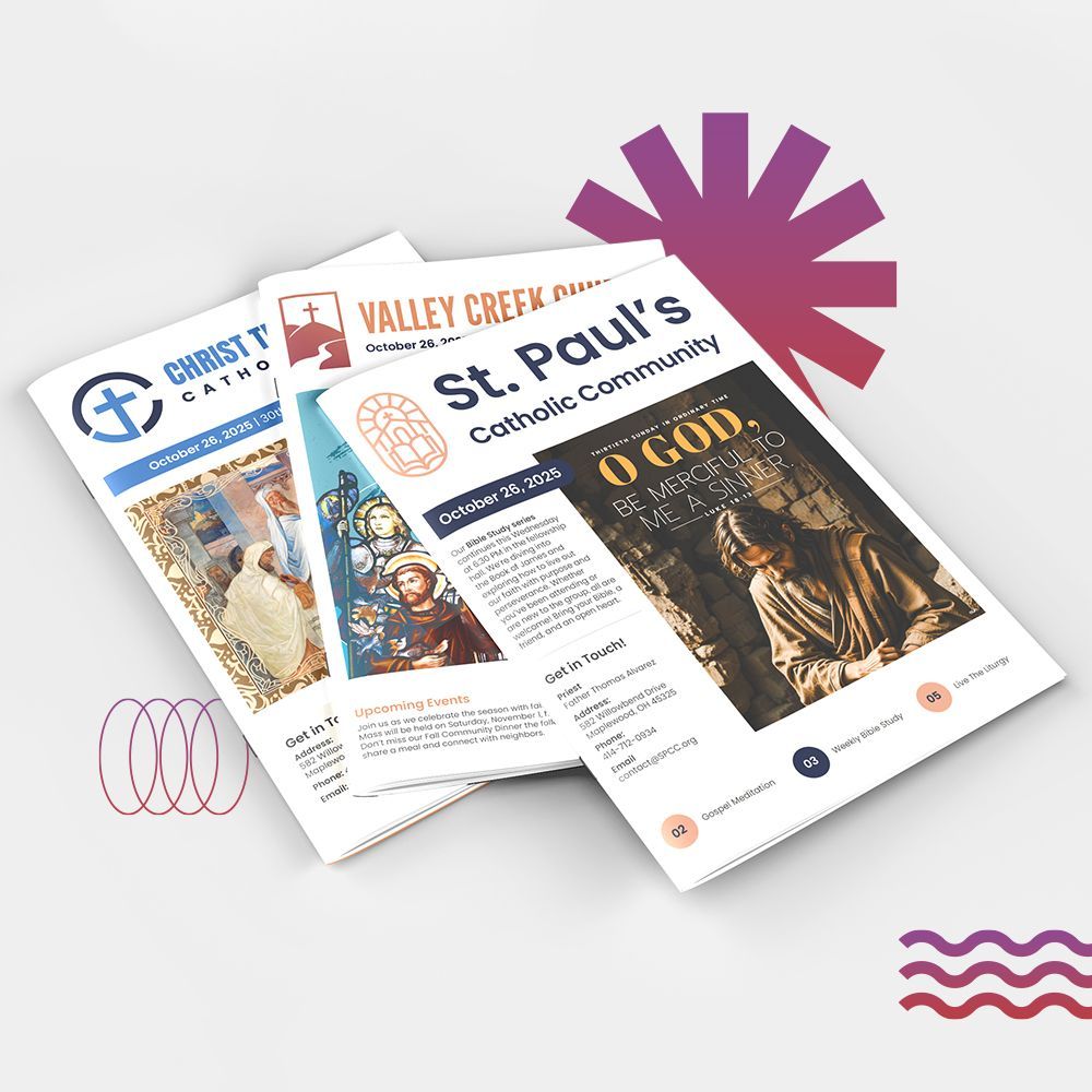 Three Catholic church bulletins, in blue, orange, and white, are arranged on a white background with decorative shapes.