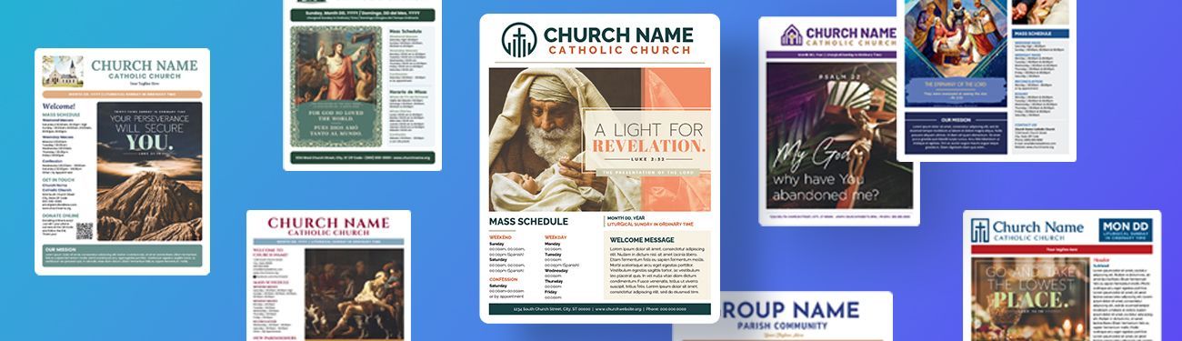 Collage of parish bulletins with beautifully designed covers.