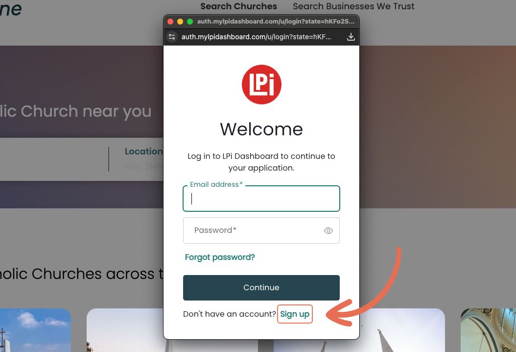 A screenshot of a welcome page on a website with an arrow pointing to a Sign Up link.