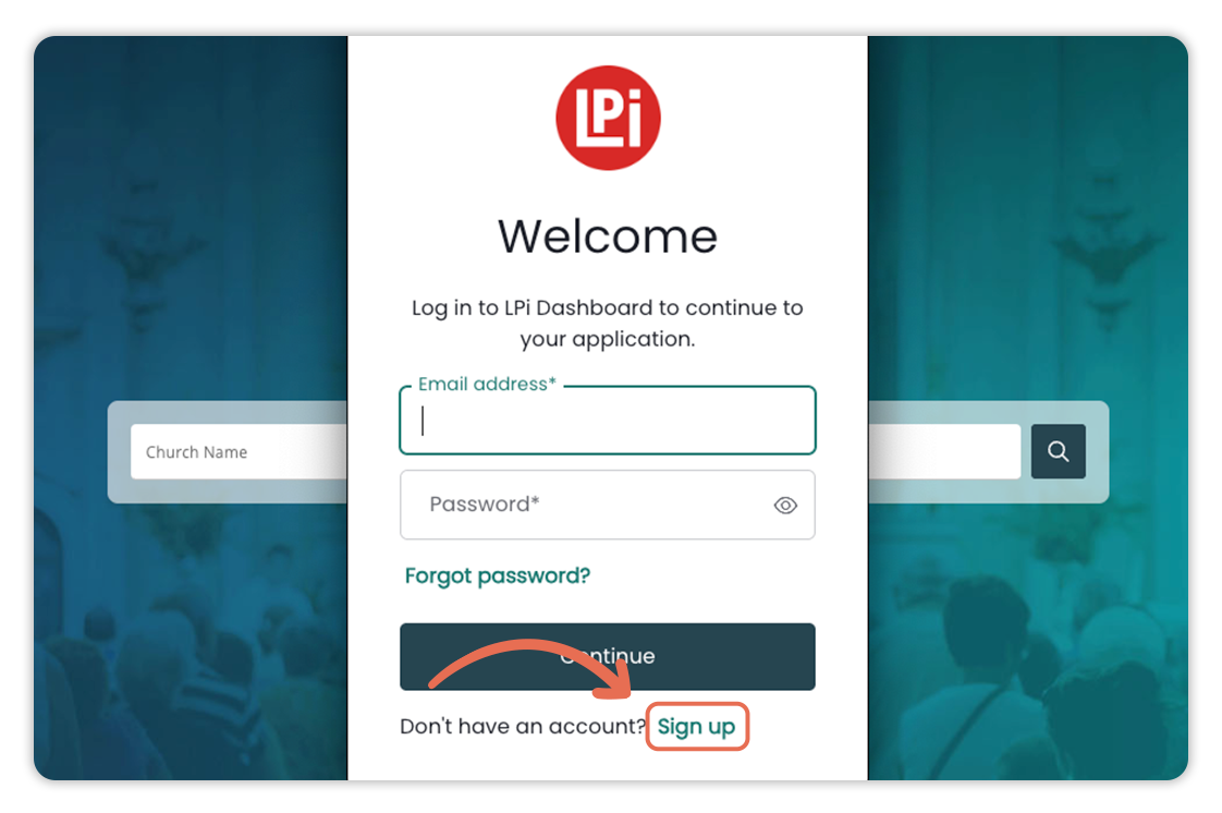 A screenshot of a welcome page on a website with an arrow pointing to a Sign Up link.