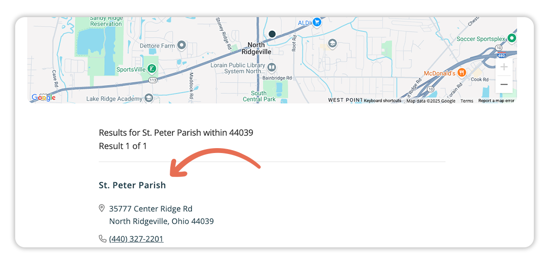 A screenshot of parishes online with an arrow pointing to St Peter parish link.