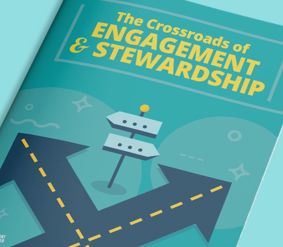 A blue cover with the title At the Crossroads of Engagement & Stewardship.