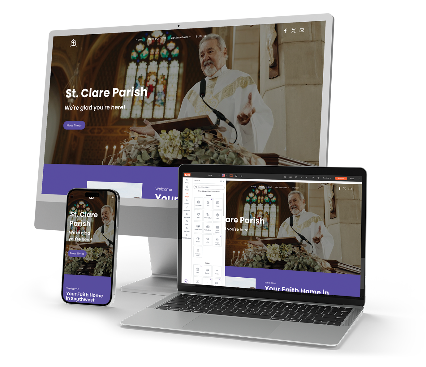 A computer , laptop , and cell phone are displaying a Parish website.