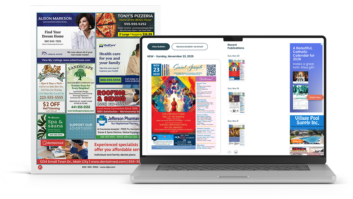 A page of ads next to a laptop showing Advertise on Parishes Online.