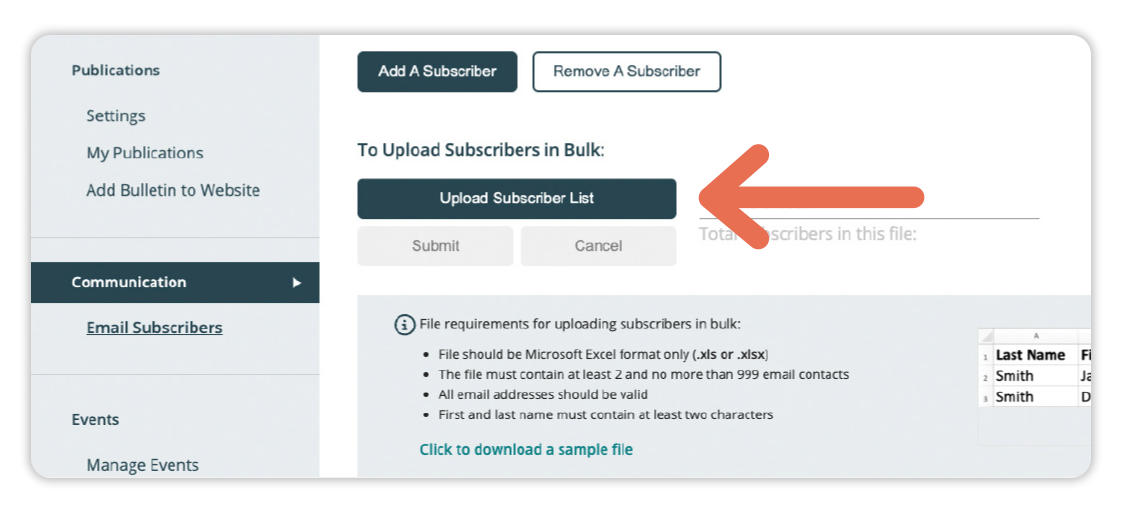An arrow pointing where the Upload Subscriber List button is.