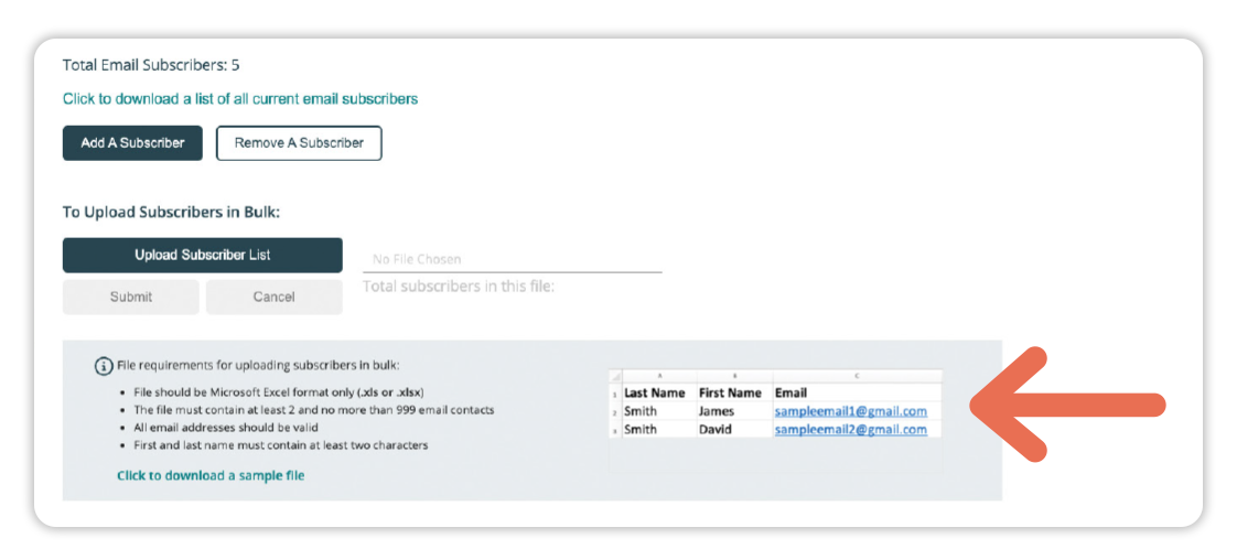 An arrow pointing to a Sample file example.