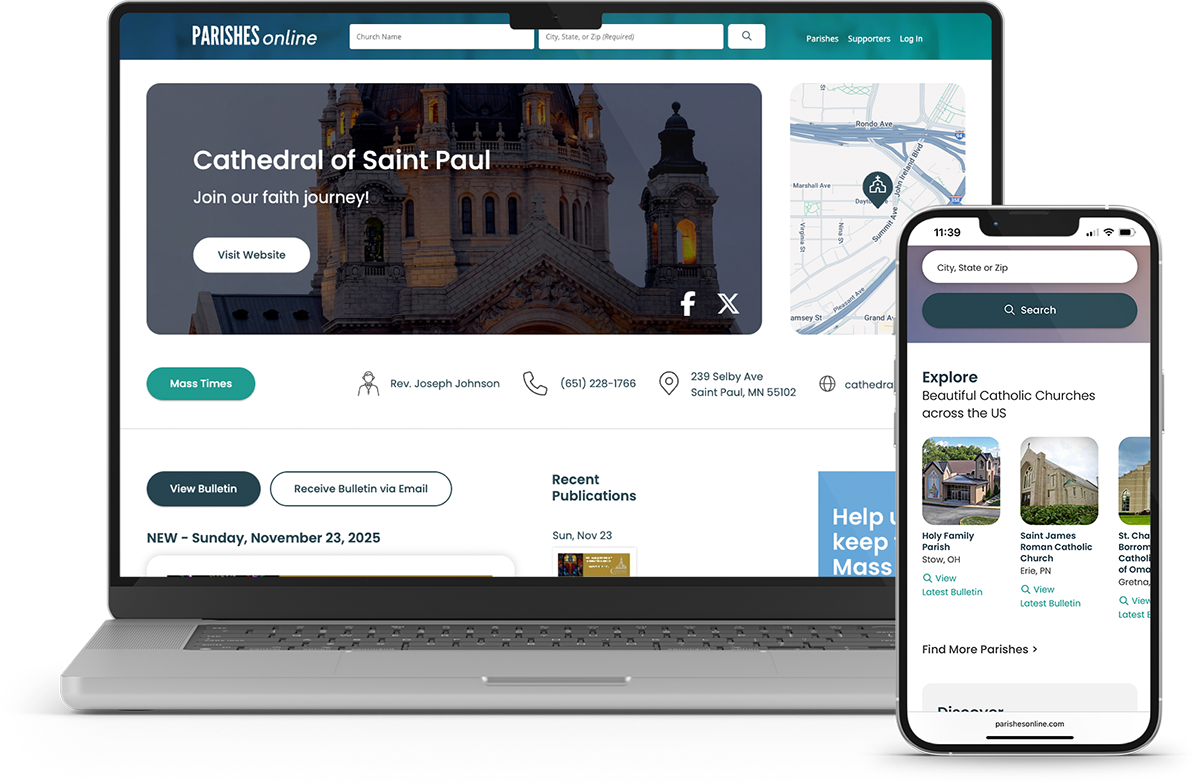A tablet and laptop displaying Parishes Online home and listing page.
