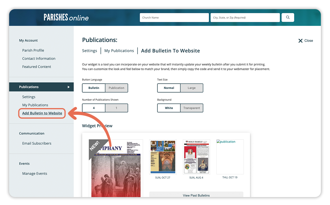 A screenshot of a website with an arrow showing where the Add Bulletin to Your Website button is.
