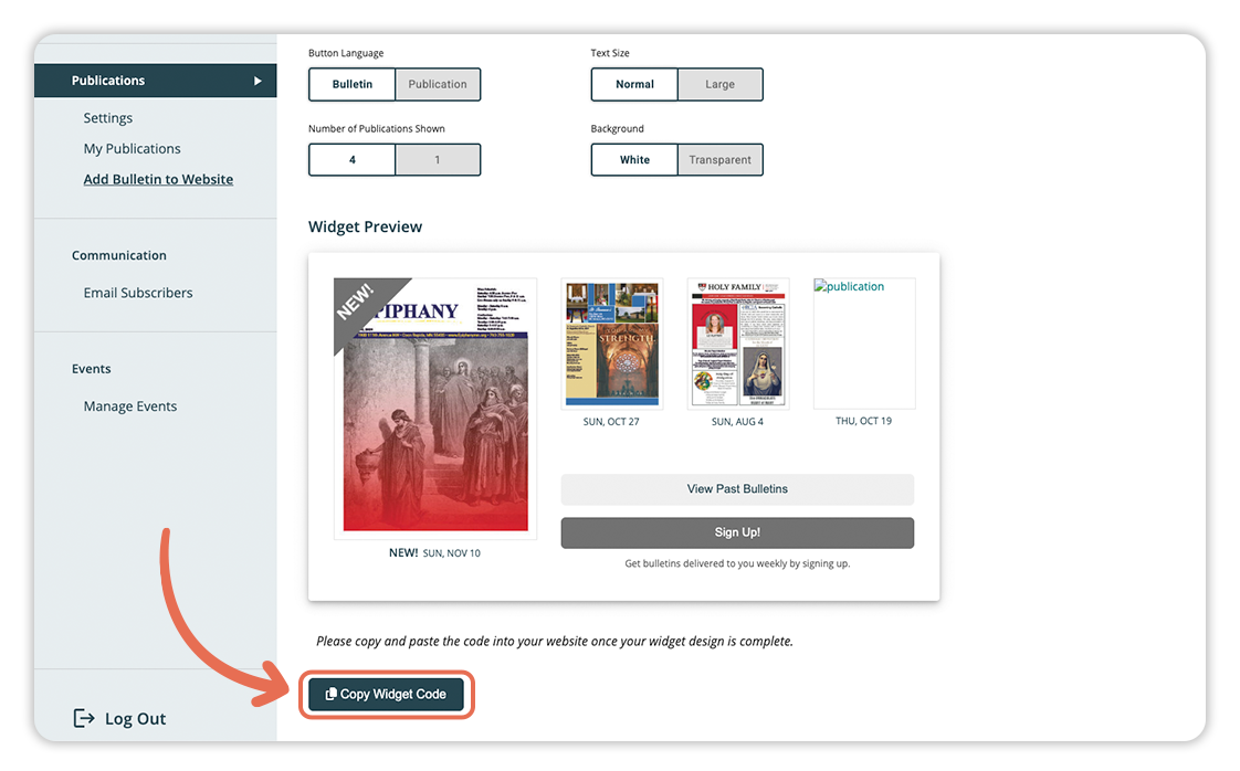 A screenshot of a website with an arrow pointing to Copy Widget button is.