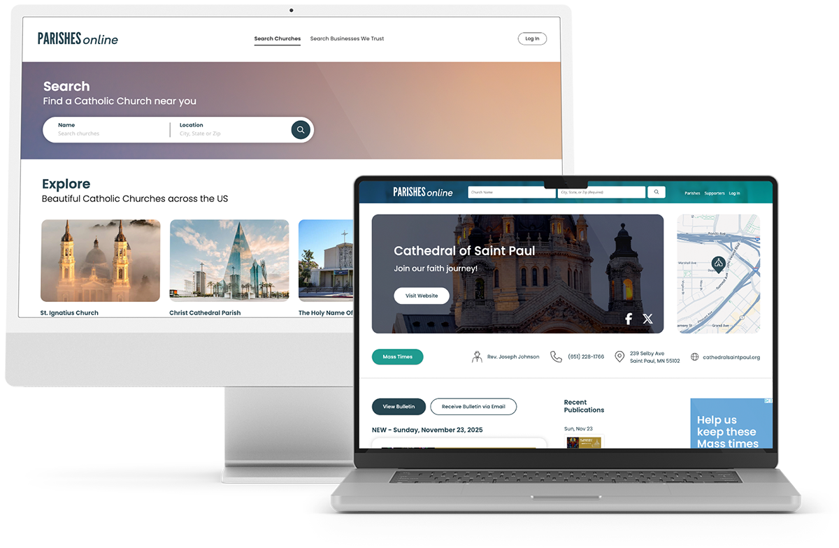 A computer and laptop displaying Parishes Online home and listing page.