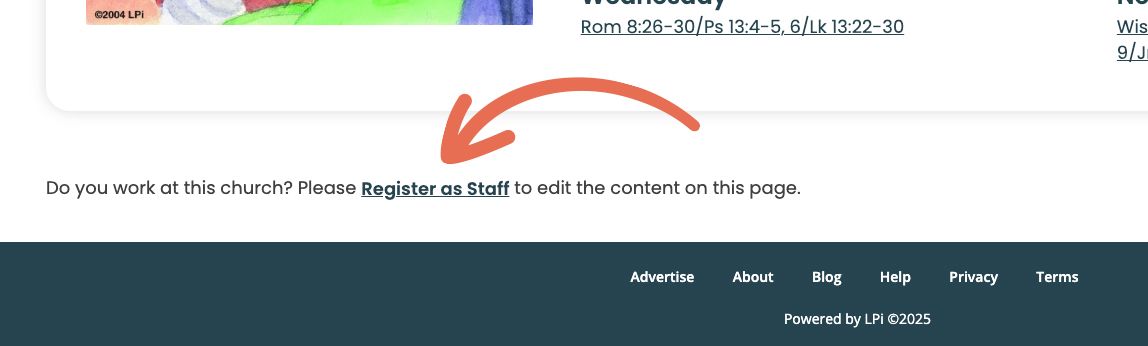 An arrow pointing to the Register as Parish Staff button.