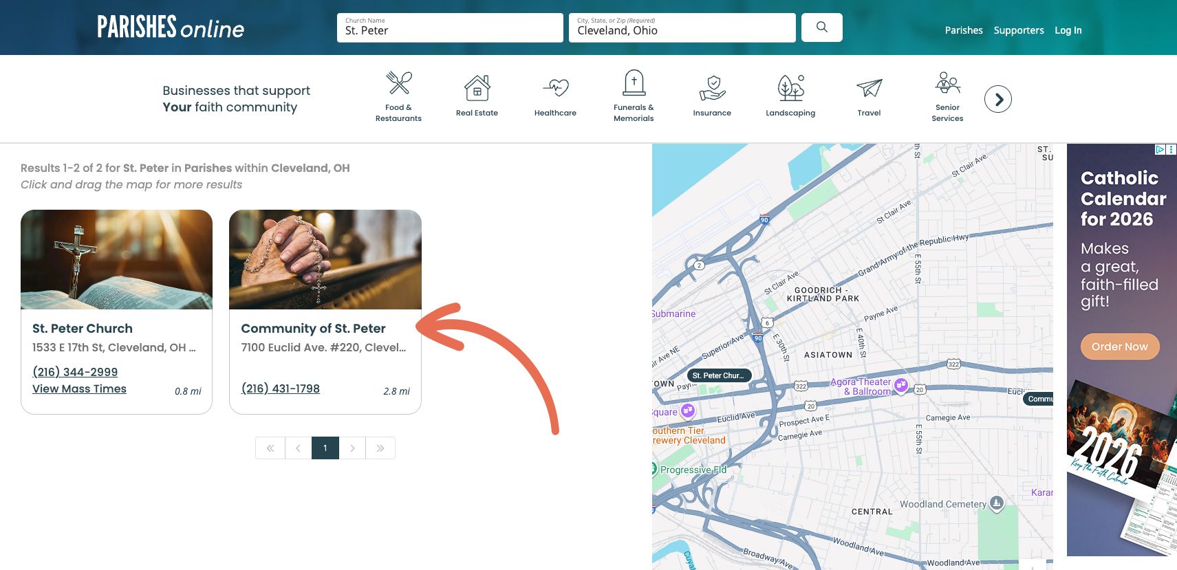 A screenshot of parishes online with an arrow pointing to St Peter parish link.