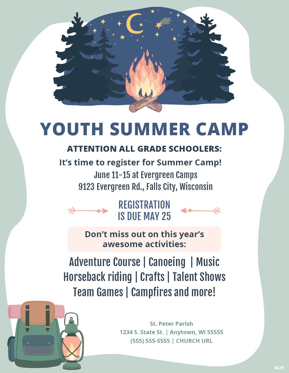 A flyer for a youth summer camp for all grade schoolers.