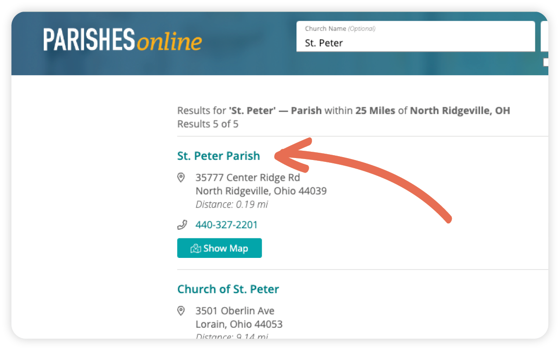 A screenshot of parishes online with an arrow pointing to St Peter parish link.