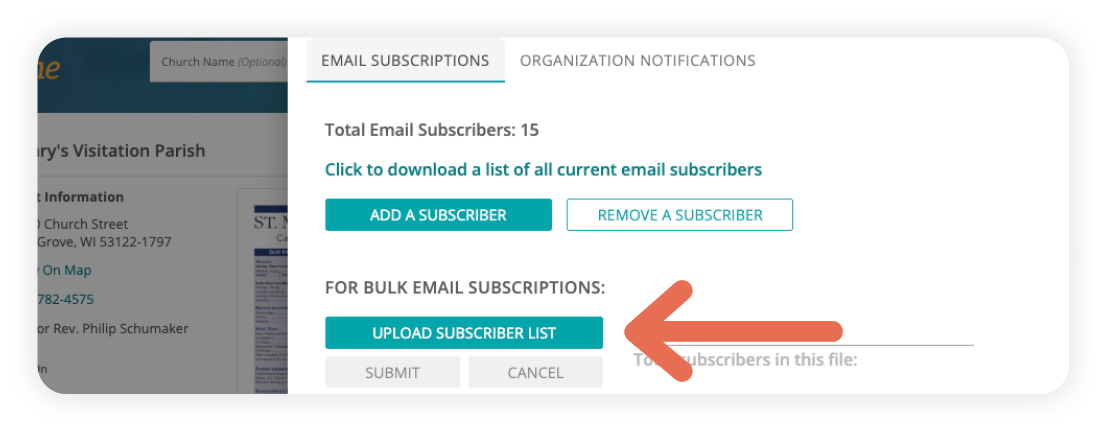 An arrow pointing where the Upload Subscriber List button is.