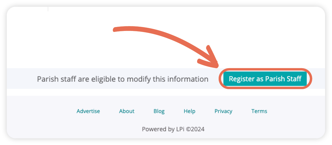 An arrow pointing to the Register as Parish Staff button.