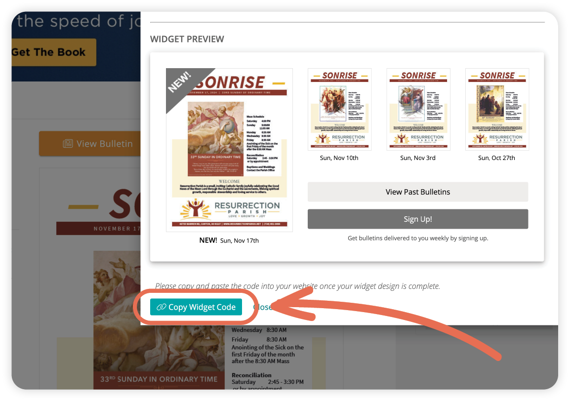 A screenshot of a website with an arrow pointing to Copy Widget button is.