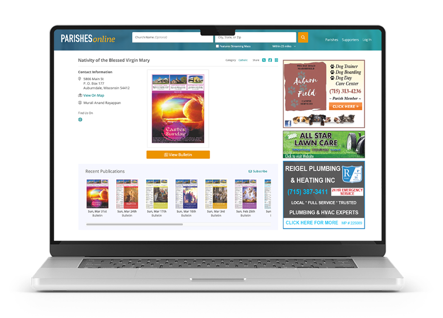 A laptop computer is open to a website called Parishes Online showing a bulletin and advertisements.
