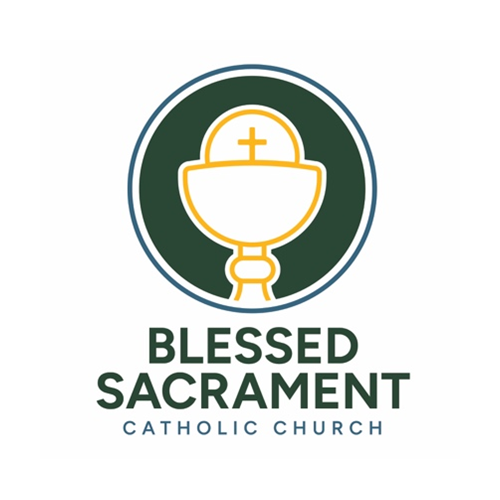 The dark green and yellow colored logo for the blessed Sacrament Catholic Church shows a chalice with a cross on it.