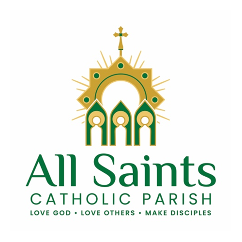 A gold and green logo for all Saints Catholic Parish with a cross on top and three candles under it.