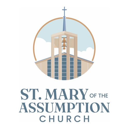 The logo for St. Mary of the Assumption Church shows a church with a cross on top of it.