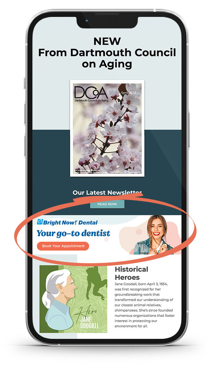 A cell phone with a dentist advertisement on it that is circled.