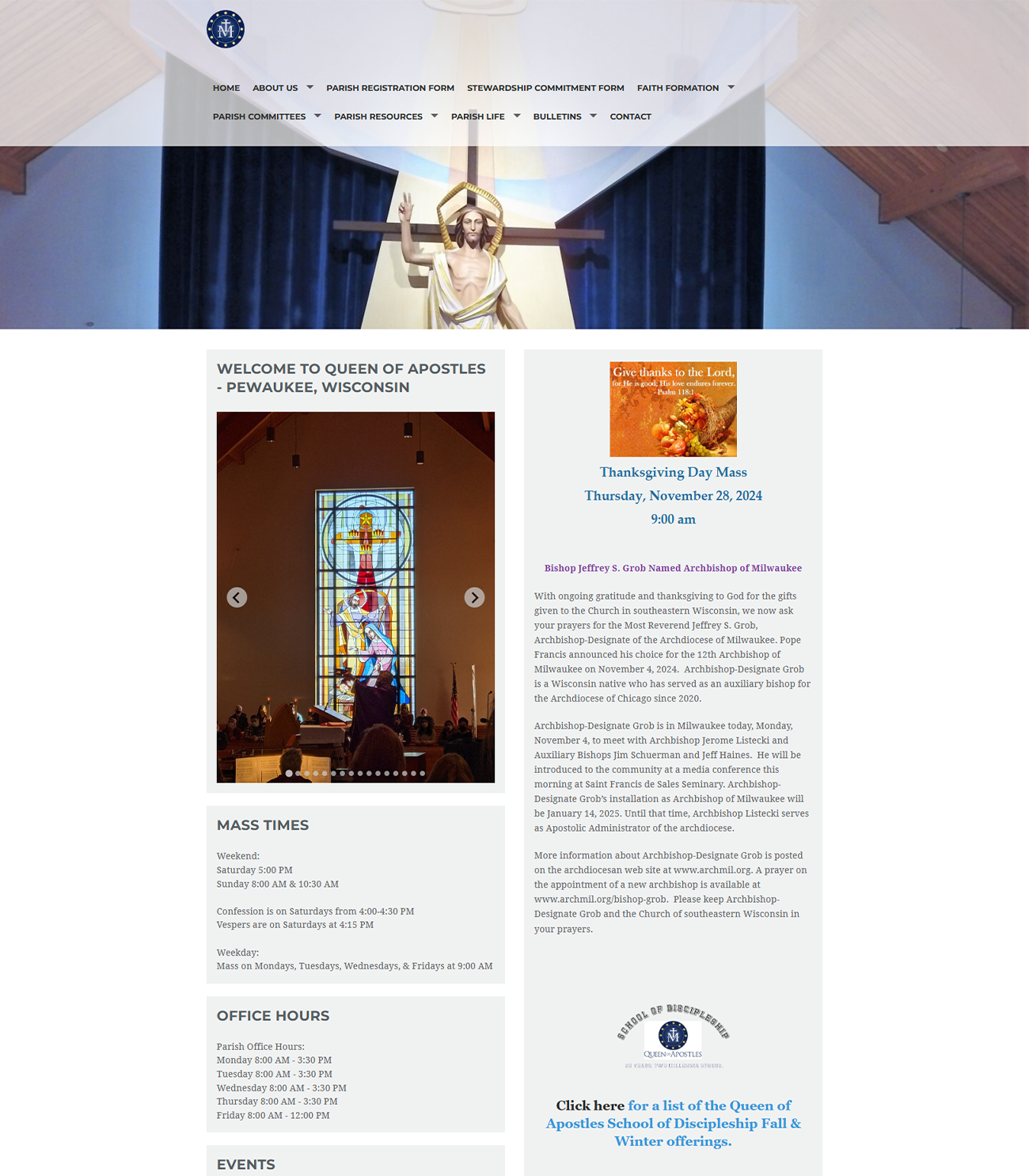 A website for a church with a picture of Jesus on the cross and a stained glass window.