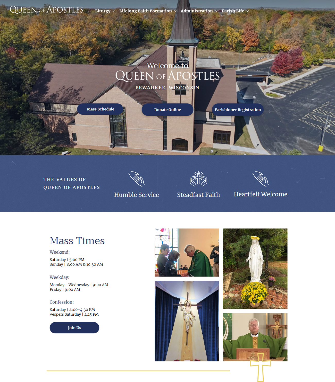 A website for a church called Queen of Apostles with an image of a church shot from a drone.