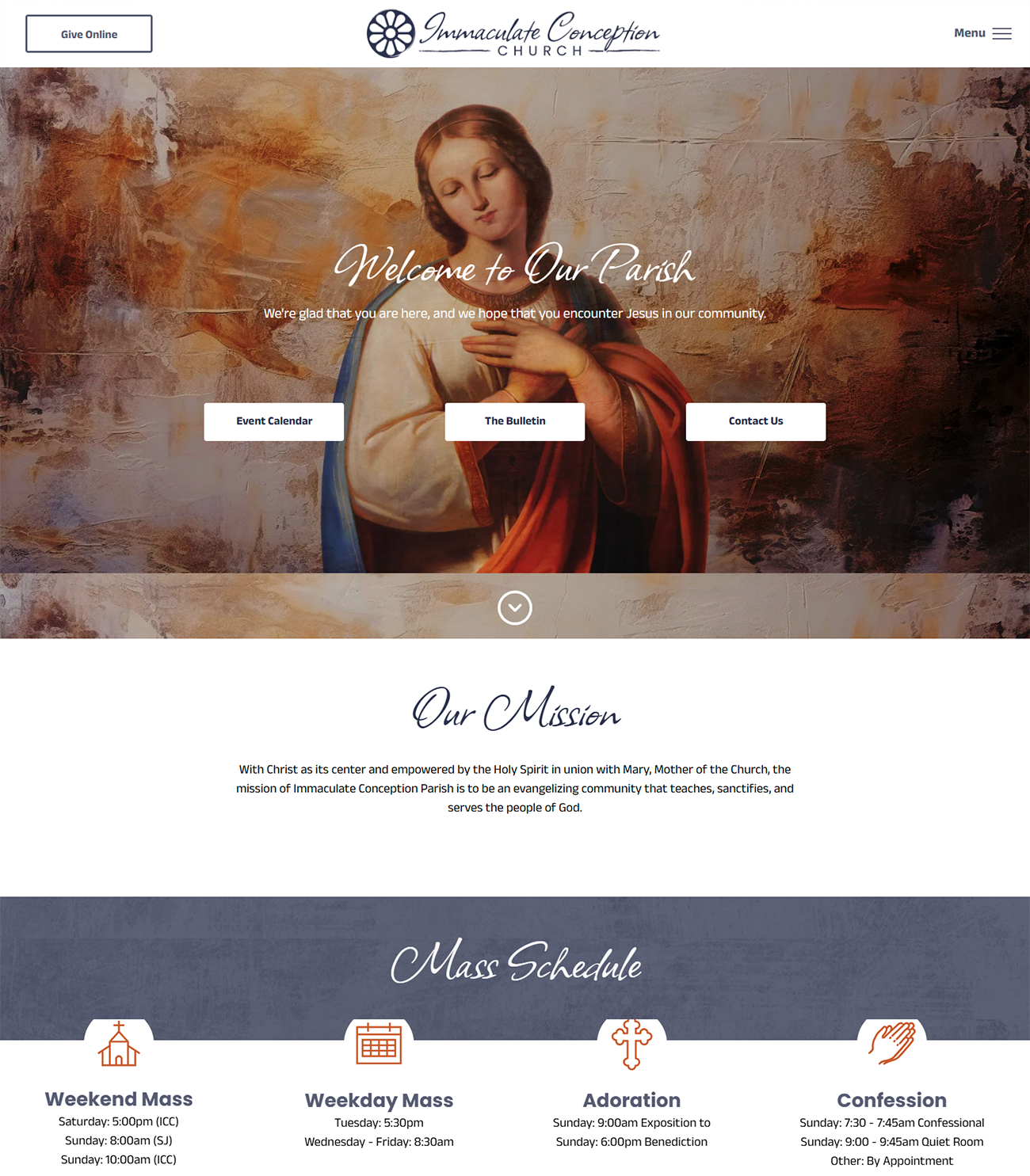 A website for a church with a painterly picture of Mary on the homepage.