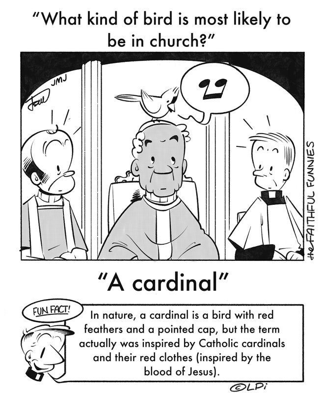 A black and white cartoon with a Cardinal and two Priests sitting down.