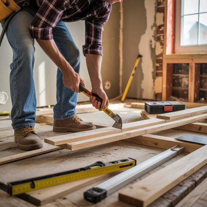 Construction worker using a chisel to remove wood flooring. Yellow and black tools are nearby. Bright window in background.