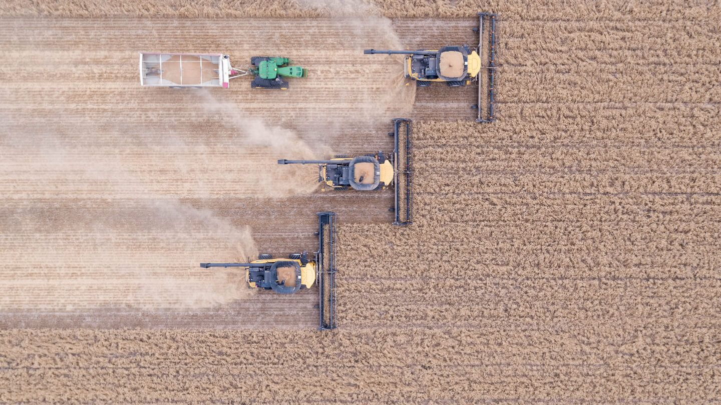 Aerial view: Three combine harvesters harvesting a field of wheat, tractor with trailer alongside, kicking up dust.