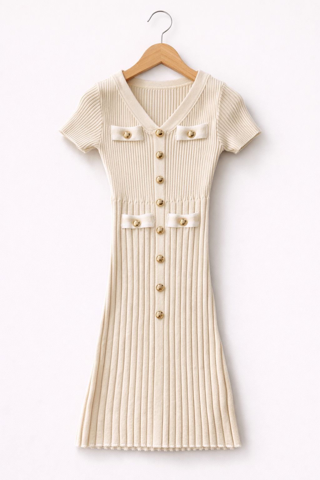 Meisjes Rib Jurk Beige – Elegante Kinderjurk met Gouden Knopen