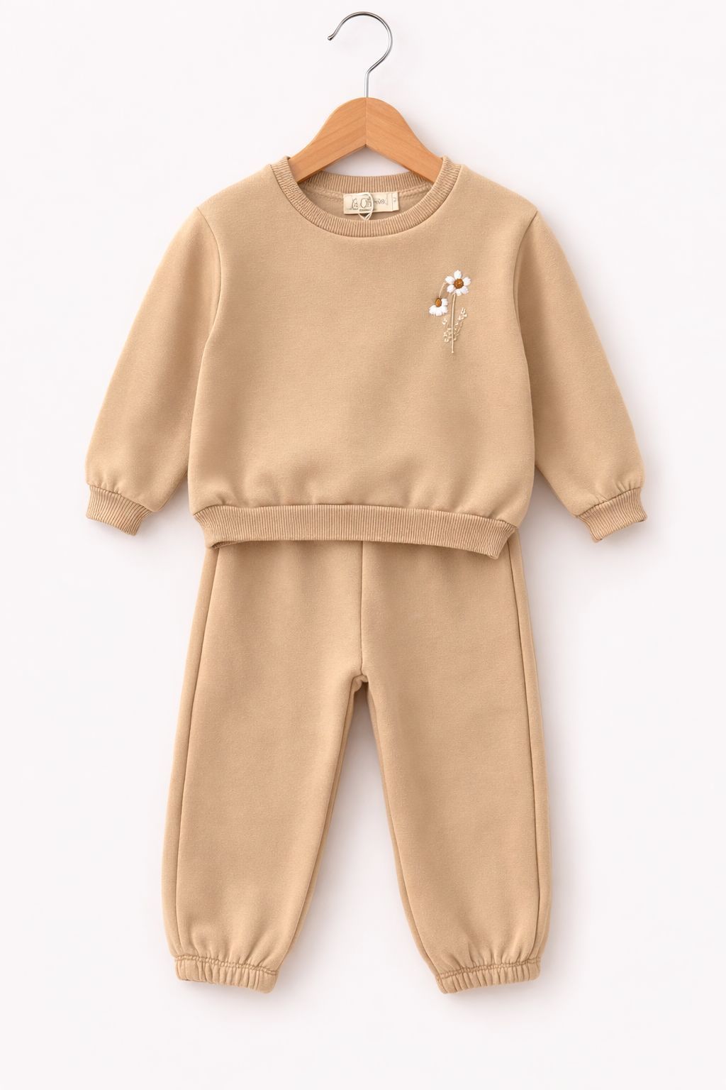 Beige Baby Joggingpak Set met Bloem Borduursel