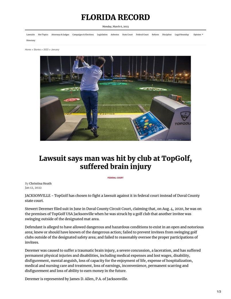 Man swinging a golf club at TopGolf facility; article headline 