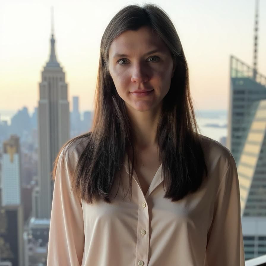 Eine Frau in einem rosa Hemd steht vor der Skyline einer Stadt