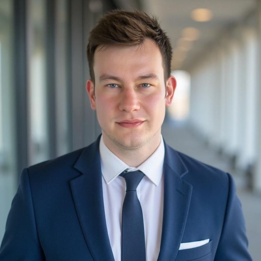 Ein Mann in Anzug und Krawatte steht in einem Flur.