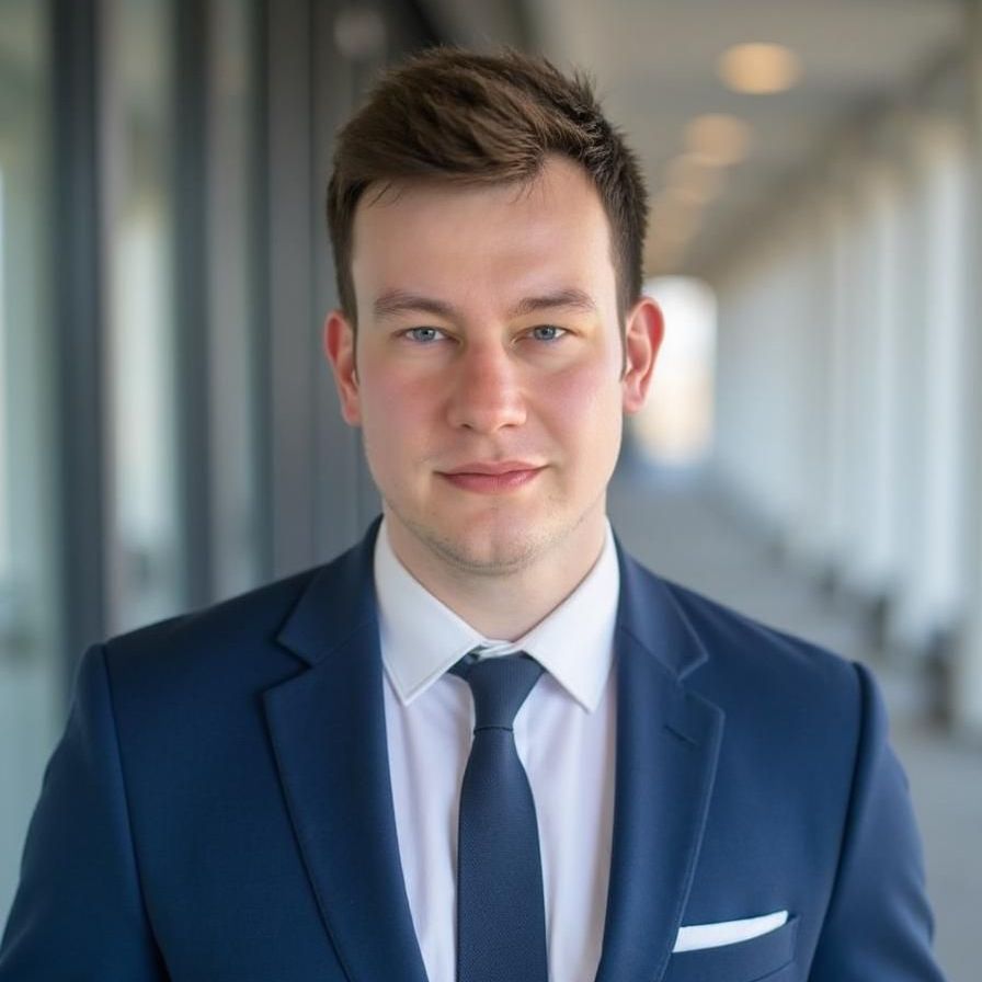 Ein Mann in Anzug und Krawatte steht in einem Flur.