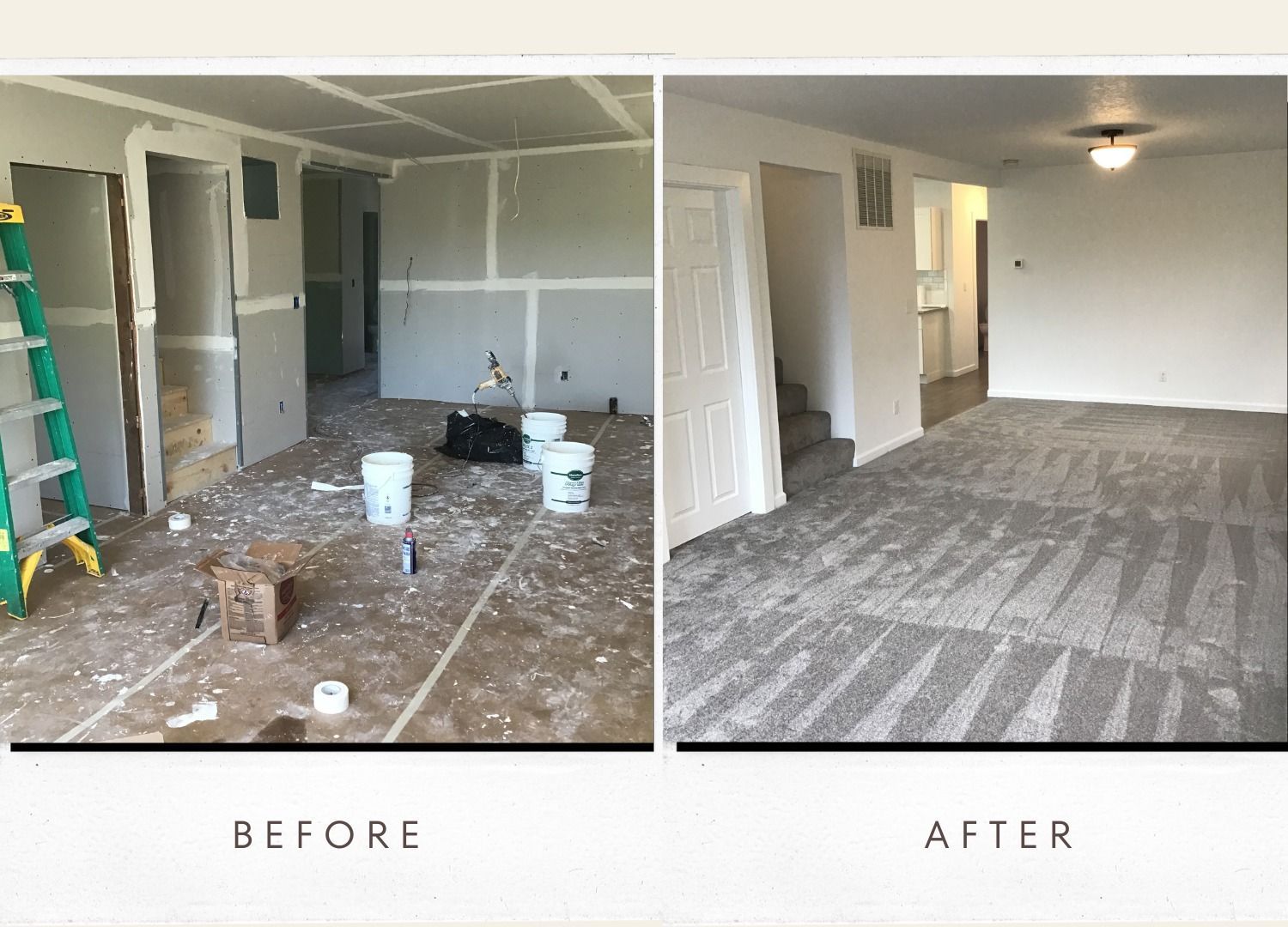 Before and after photo of a room undergoing renovation. Left: unfinished; Right: remodeled with new carpet and paint.