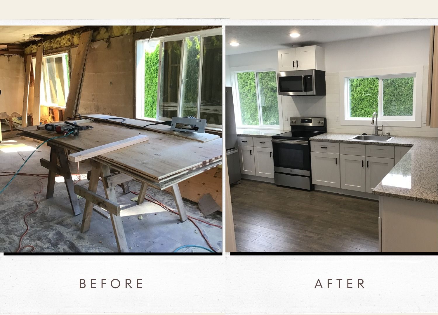 Before and after kitchen renovation. Shows demolition and the finished room with new cabinets and appliances.